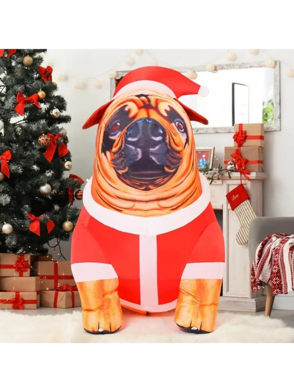 4FT Tall Christmas Bulldog Inflatable with LED Lights - Outdoor Holiday Yard